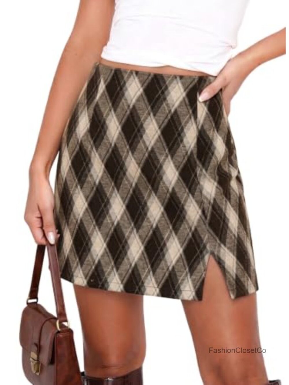 Pink Queen Women High Waist Plaid Mini Skirt Side Slit with Pockets